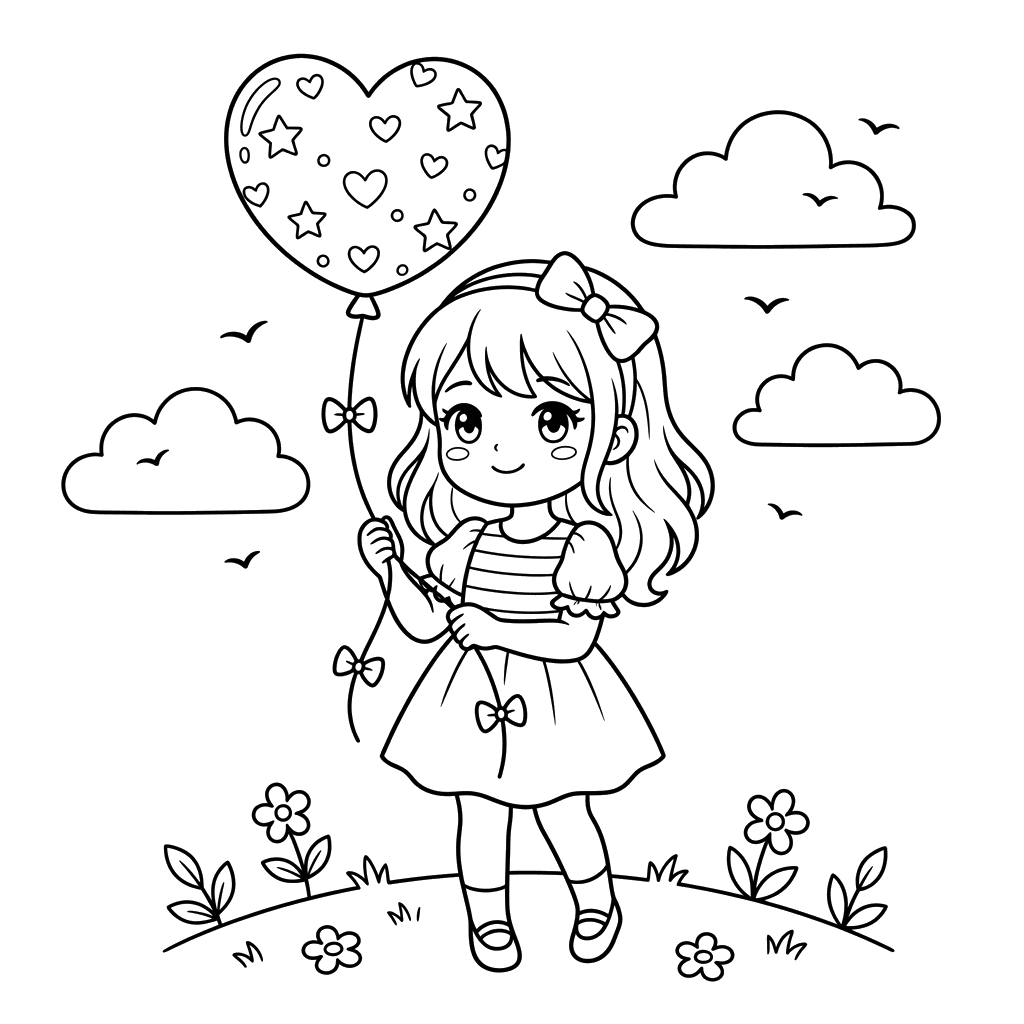 Anime-Mädchen mit Ballon Ausmalbild