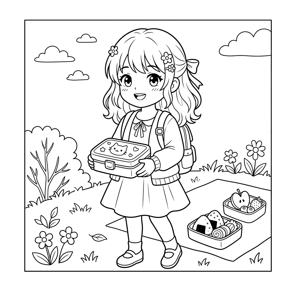 Anime-Mädchen mit Bento-Mittagessen Ausmalbild