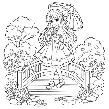 Anime-Mädchen auf Brücke Ausmalbild