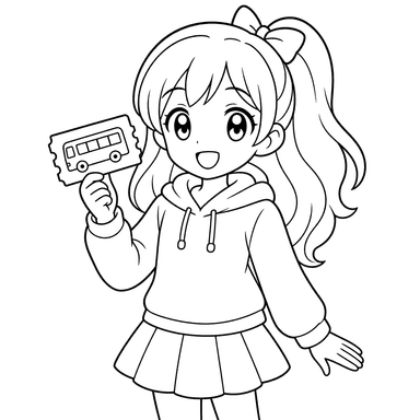 Ausmalbild: Anime-Mädchen mit Busticket