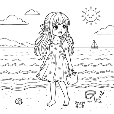 Anime-Mädchen am Meer Ausmalbild