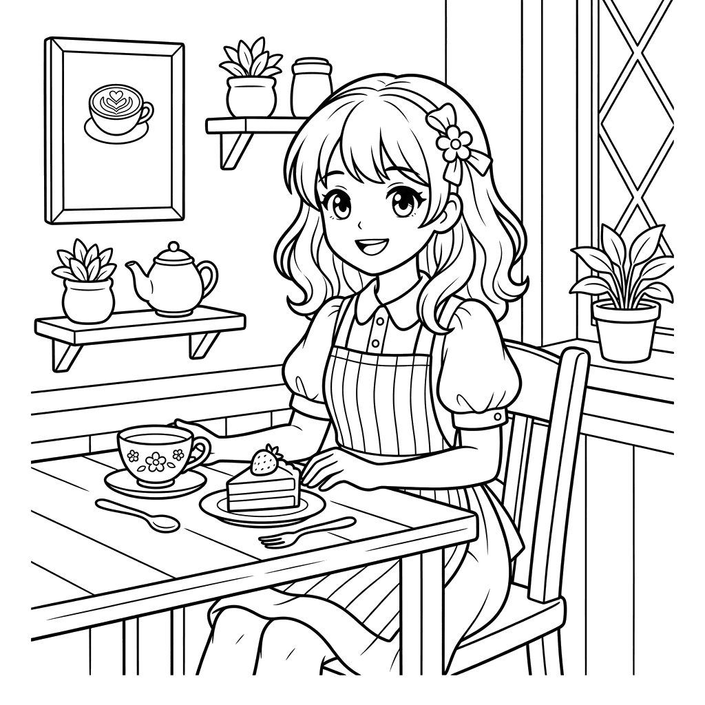 Niedliches Anime-Mädchen im Café Ausmalbild