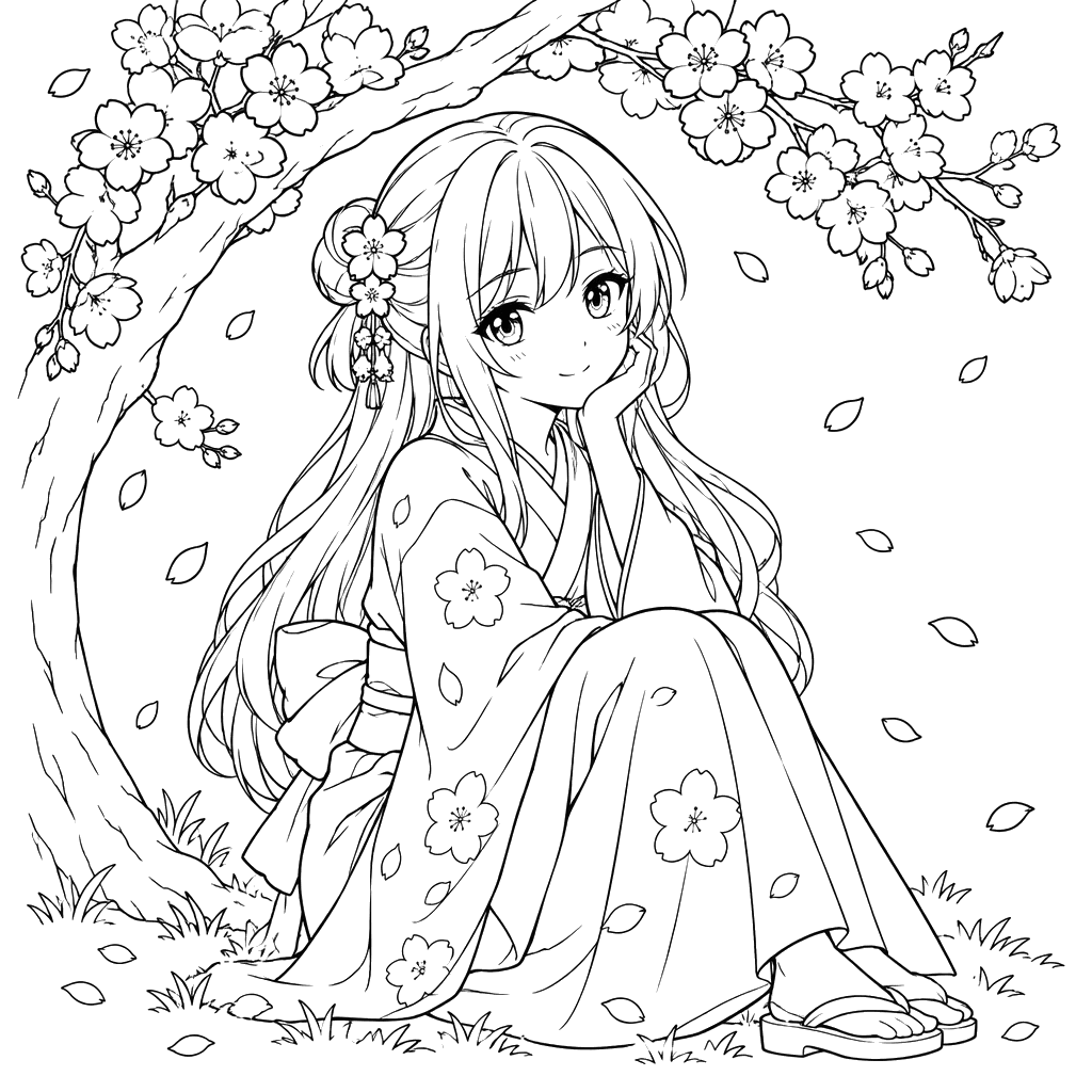 Garota anime sob flores de cerejeira
