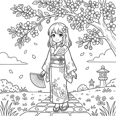 Coloriage Fille Anime sous les Cerisiers en Fleurs