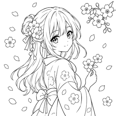 Anime-Mädchen mit Kirschblütenblättern