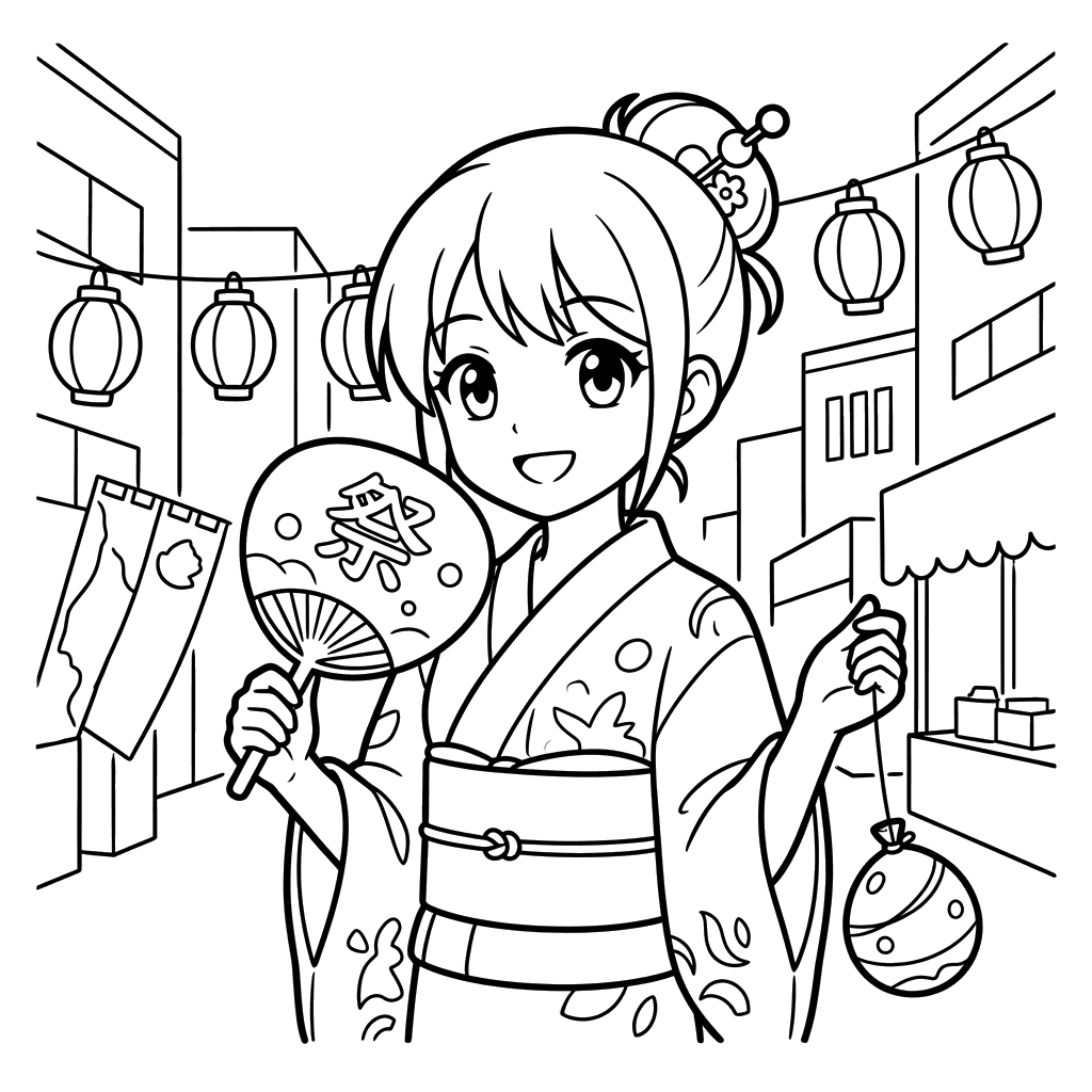 Anime Girl at City Festival Coloring Page