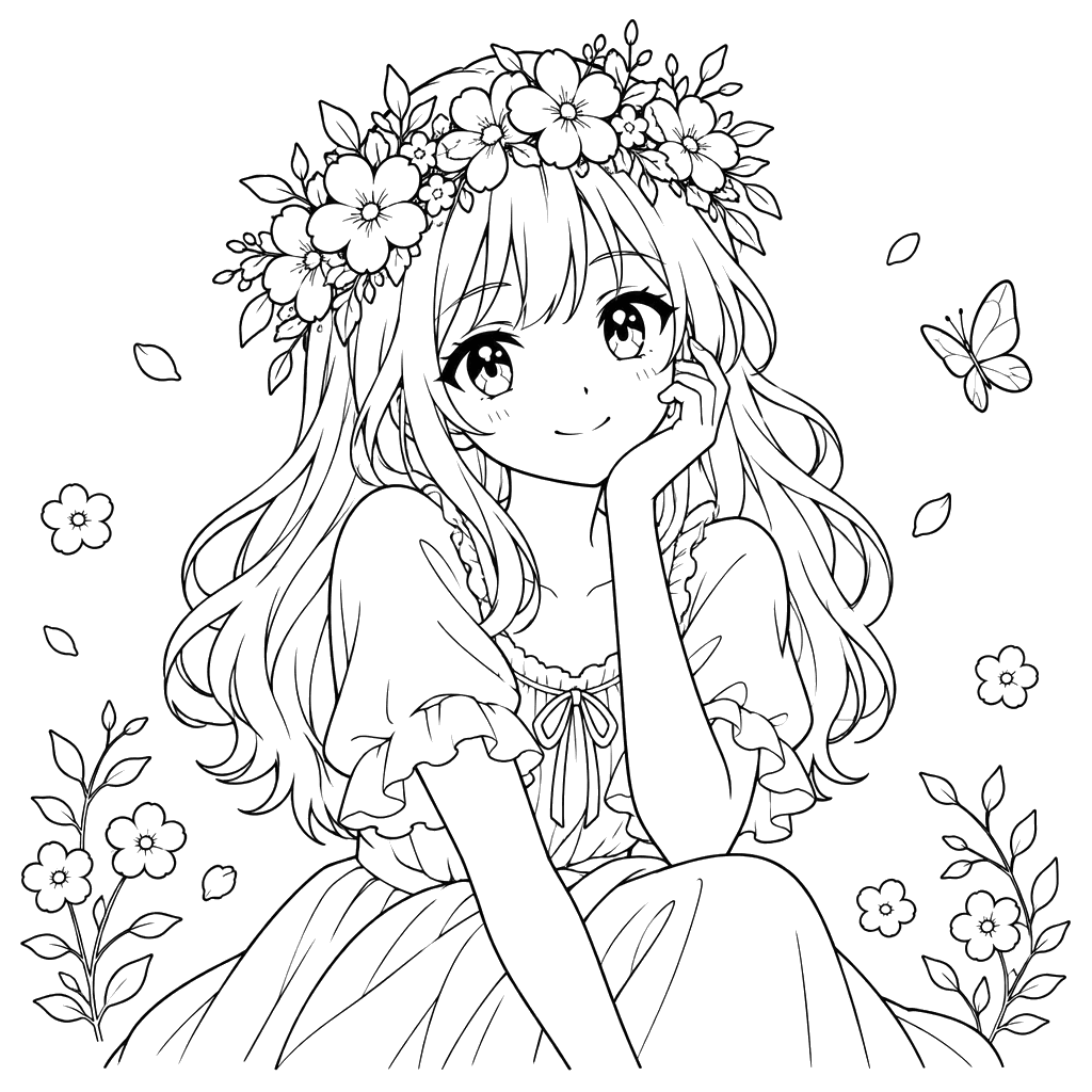 Desenho de menina com coroa de flores
