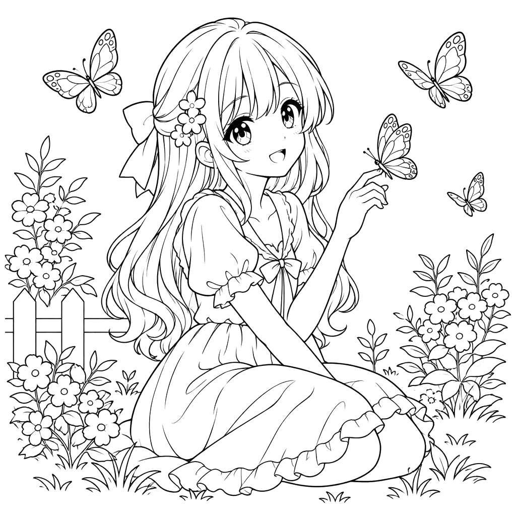 Garota anime em jardim de borboletas