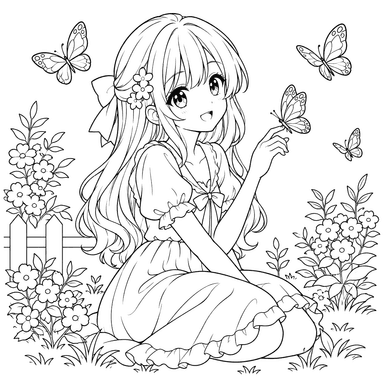 Fille anime dans un jardin de papillons