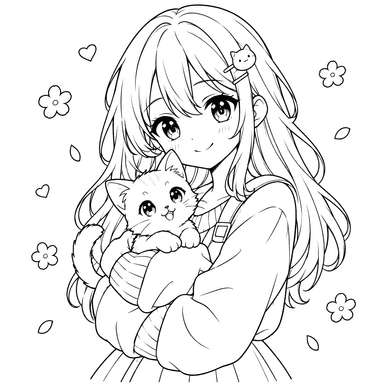 Anime-Mädchen mit Kätzchen Ausmalbild