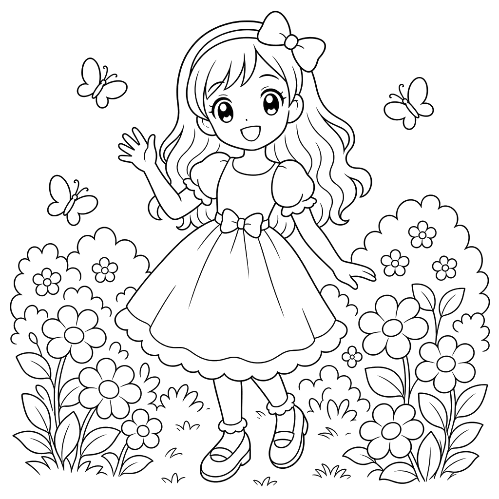 Anime-Mädchen im Garten — Ausmalbild