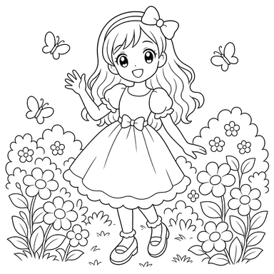 Anime-Mädchen im Garten — Ausmalbild