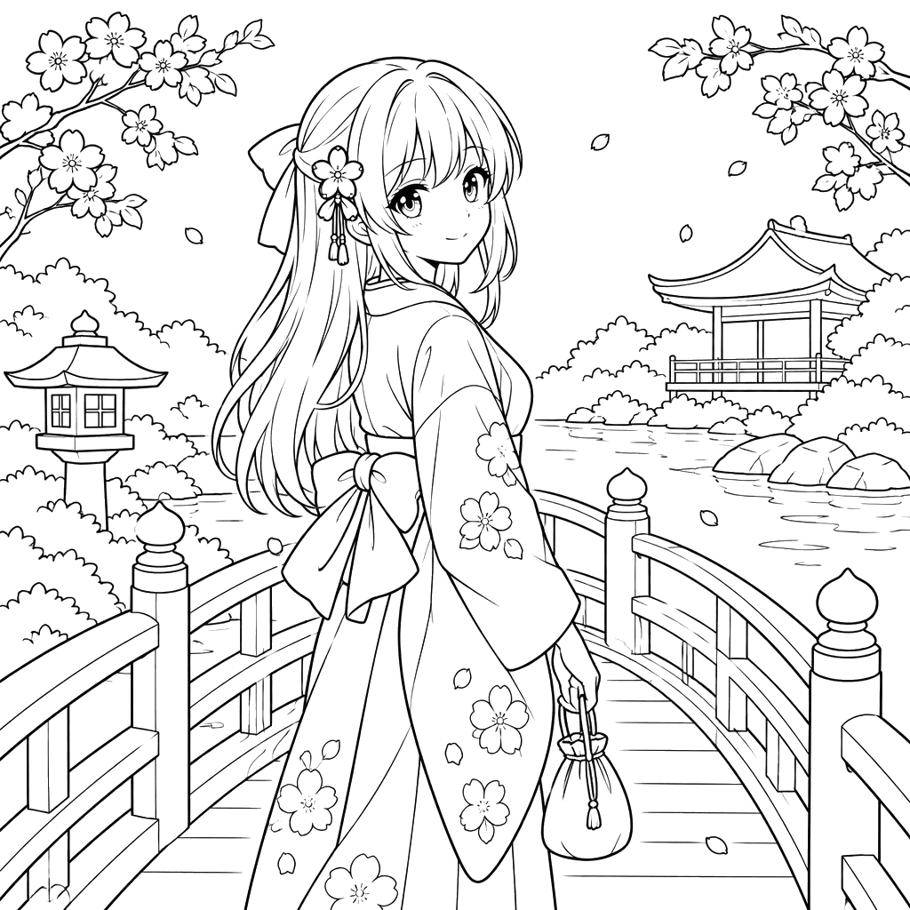 Anime Girl in Kimono on a Garden Bridge