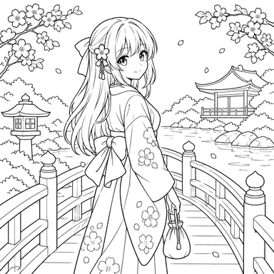 Anime Girl in Kimono on a Garden Bridge