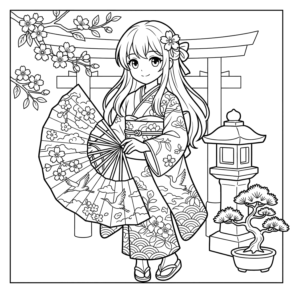 Dibujo para colorear: Chica Anime con Abanico Japonés