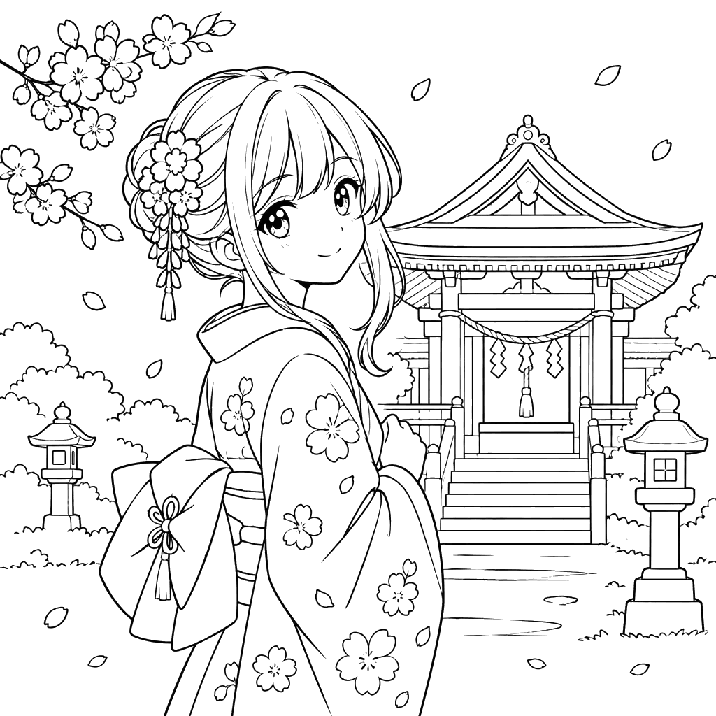 Anime Girl in Kimono at a Temple