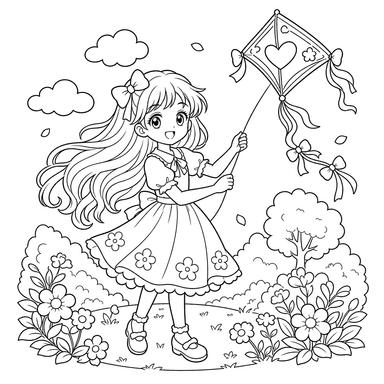 Niña anime con cometa — dibujo para colorear