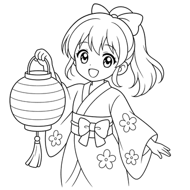 Menina anime com lanterna de festival — página para colorir