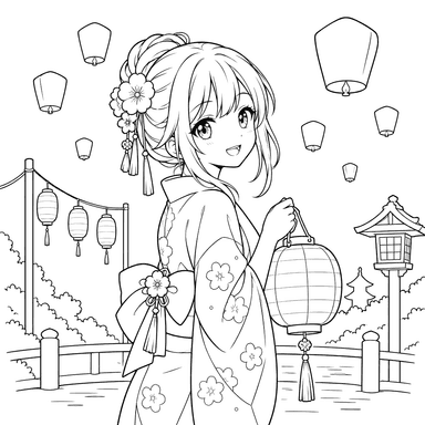 Anime Girl at Lantern Festival Coloring Page