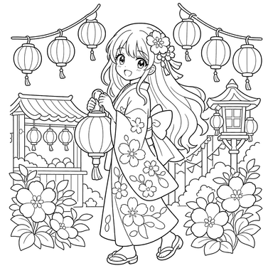 Niña anime junto a faroles del festival — dibujo para colorear
