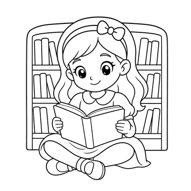 Anime‑Mädchen in der Bibliothek – Ausmalbild
