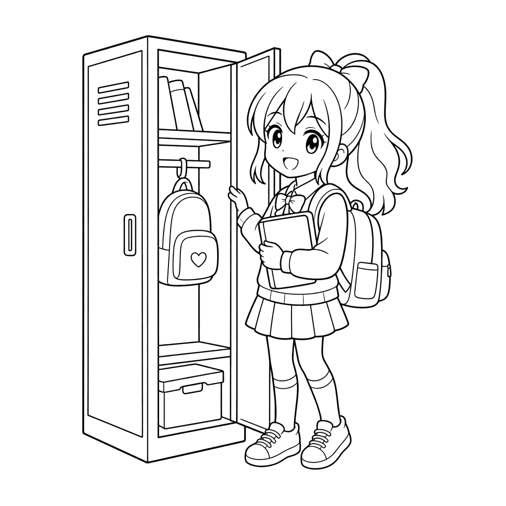 Anime‑Mädchen am Schulschließfach
