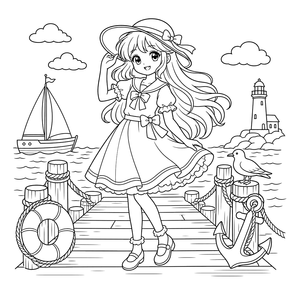 Fille style anime aux longs cheveux sur la jetée