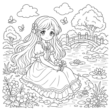 Niña anime de pelo largo junto al río — dibujo para colorear