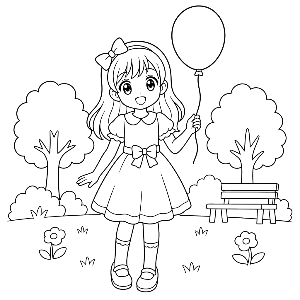 Anime‑Mädchen im Park mit Ballon — Ausmalbild