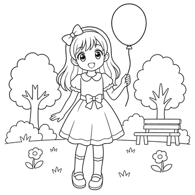 Fille manga au parc avec ballon — coloriage