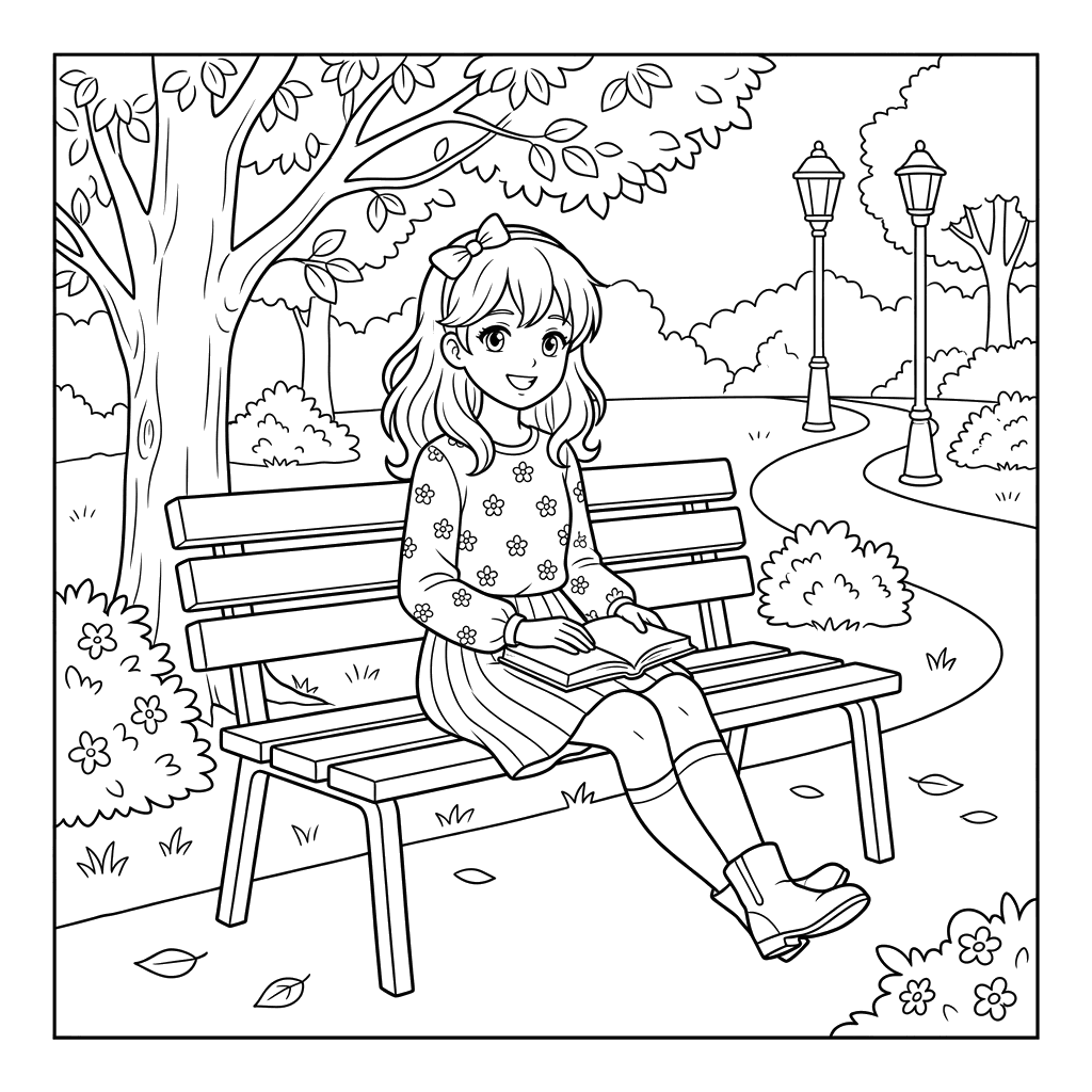 Ausmalbild: Anime-Mädchen auf Parkbank