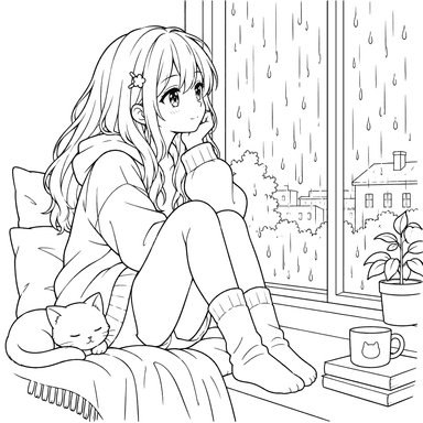 Fille anime à la fenêtre sous la pluie