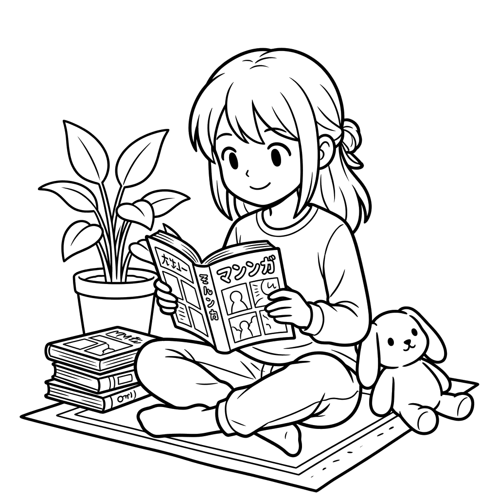 Coloriage Fille Manga Lit un Manga