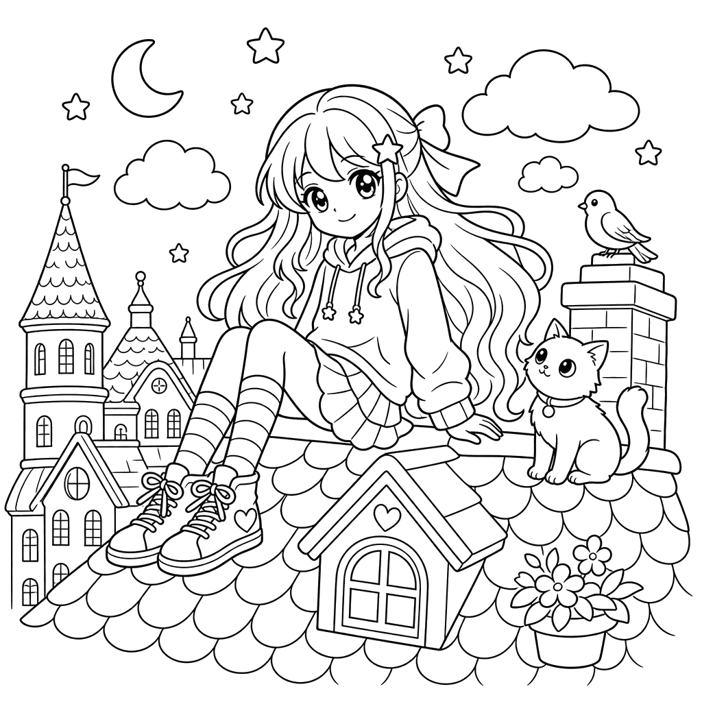 Anime girl on a rooftop coloring page