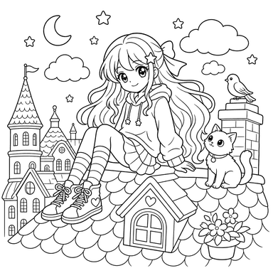 Niña anime en un tejado — dibujo para colorear