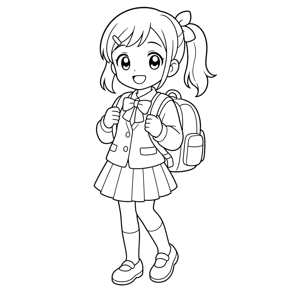 Ausmalbild: Anime-Mädchen mit Schulranzen