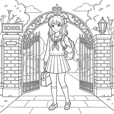Anime-Mädchen am Schultor Ausmalbild