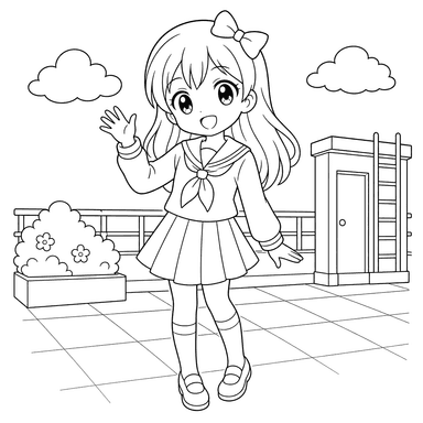 Anime-Mädchen auf dem Schuldach – Ausmalbild