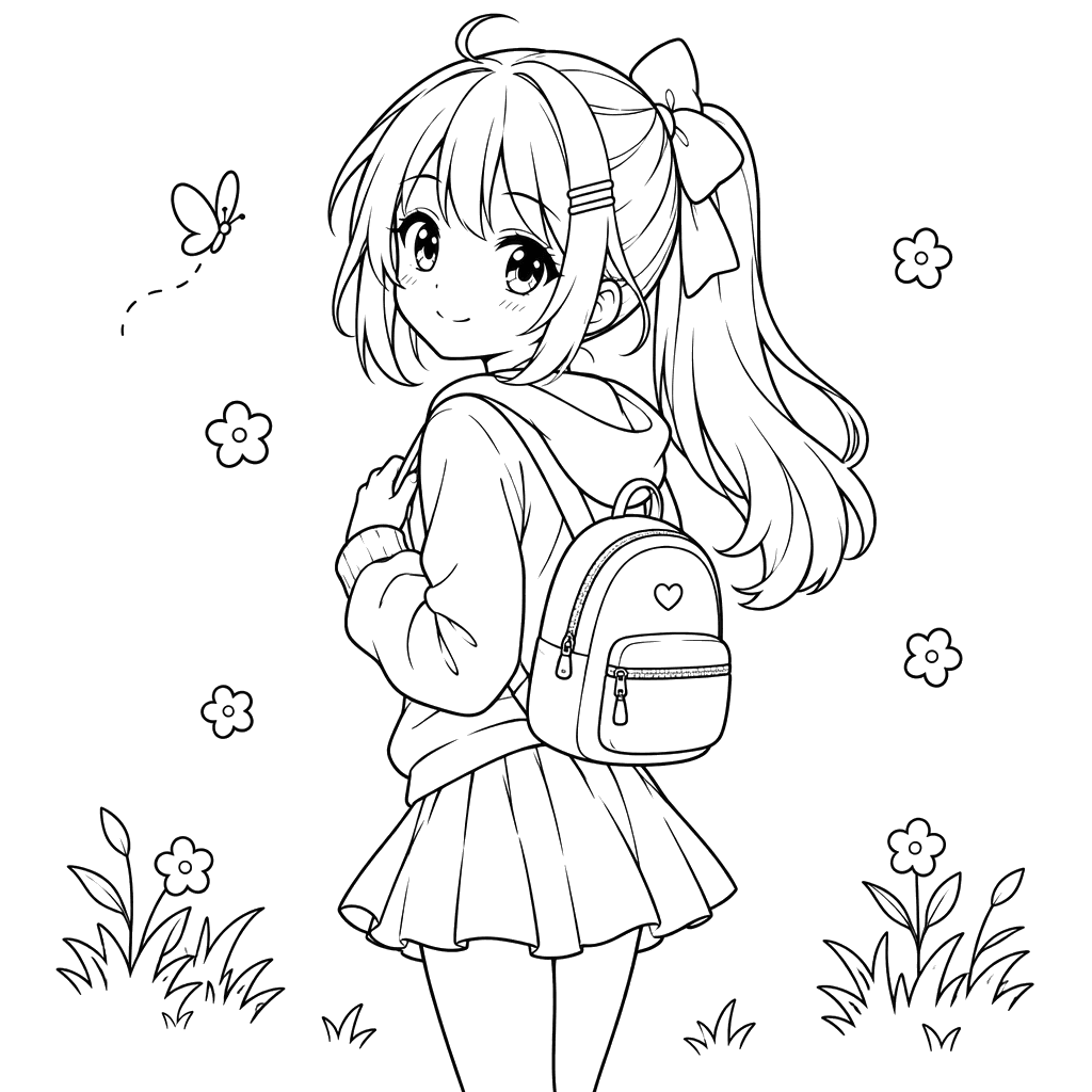 Desenho de menina com laço e mochila