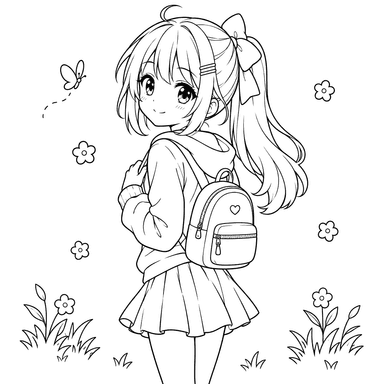 Mädchen mit Schleife und Rucksack Ausmalbild