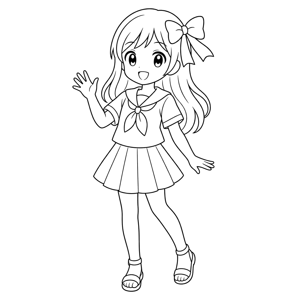 Niña anime en ropa de verano con lazo — dibujo para colorear