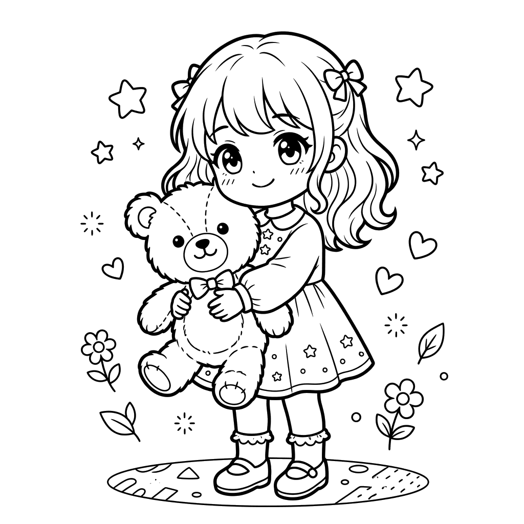 Anime-Mädchen mit Teddybär Ausmalbild