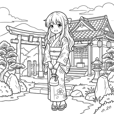 Anime-Mädchen am Tempel Ausmalbild