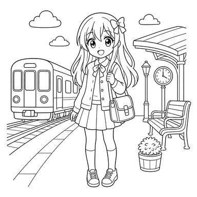 Anime-Mädchen auf Bahnsteig – Ausmalbild