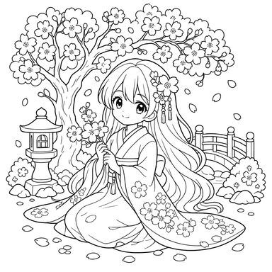 Dibujo para colorear niña anime bajo sakura