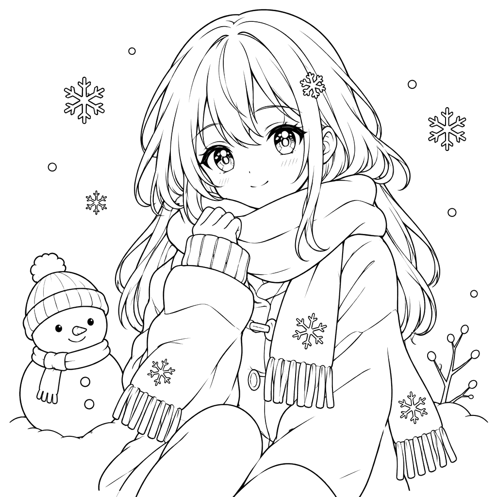 Menina e boneco de neve para colorir