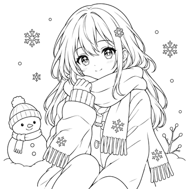 Mädchen und Schneemann Winter-Ausmalbild