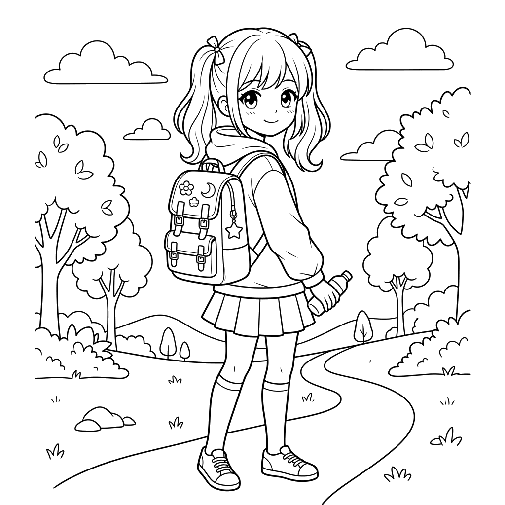 Anime-Mädchen mit Rucksack Ausmalbild