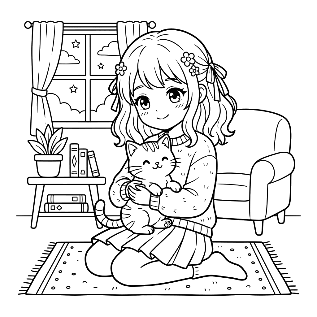 Anime-Mädchen mit Katze Ausmalbild