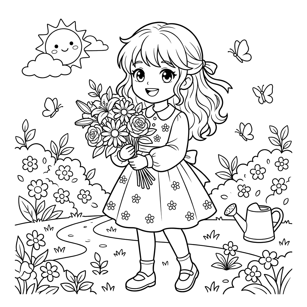 Dibujo para Colorear Niña Anime con Flores